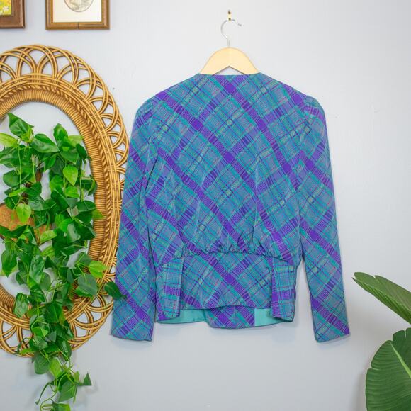 Vtg 11 Shona Dress 80s Plaid 2 Pc Set Blouse Skirt Jewel Tone | Bright Winter - Picture 3 of 16
